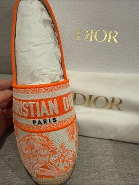 Christian Dior Orange & Cream Embroidered Espadrille Slip-On